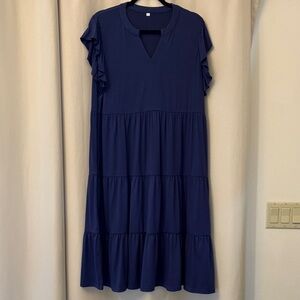Chic Navy Midi Dress with Ruffle Sleeves
